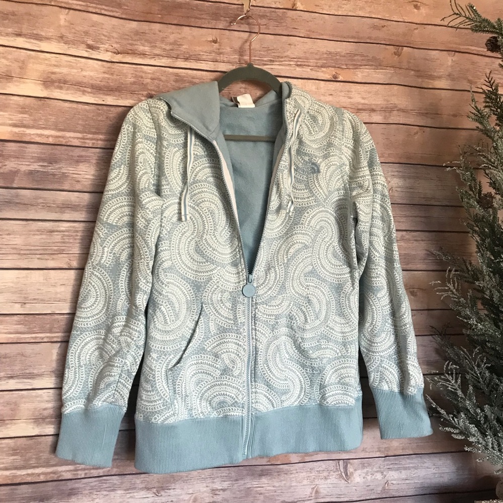 North face blue white printed zip hoodie sweater